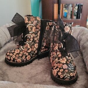 Floral Lace-Up Boots with Black Bows